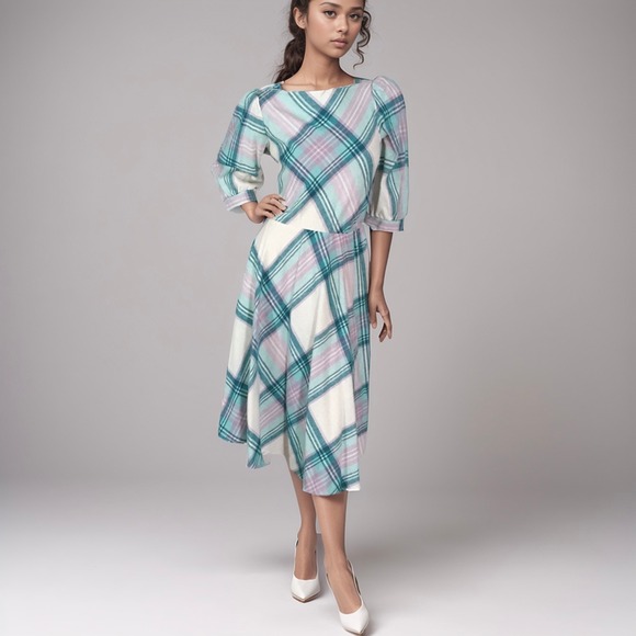 Vintage Dresses & Skirts - 80s Teal & Lilac Plaid Wool Dress | Puff Sleeve Cottagecore Pastel Aesthetic | S